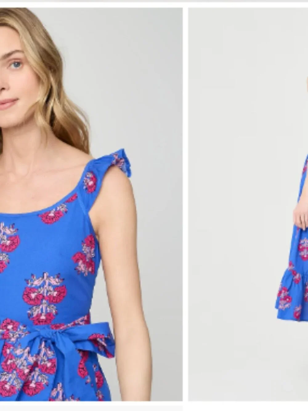 Women's Blue Floral Midi Dress Ruffle Strap Tie Waist Hi-Low Hem Sleeveless - 8